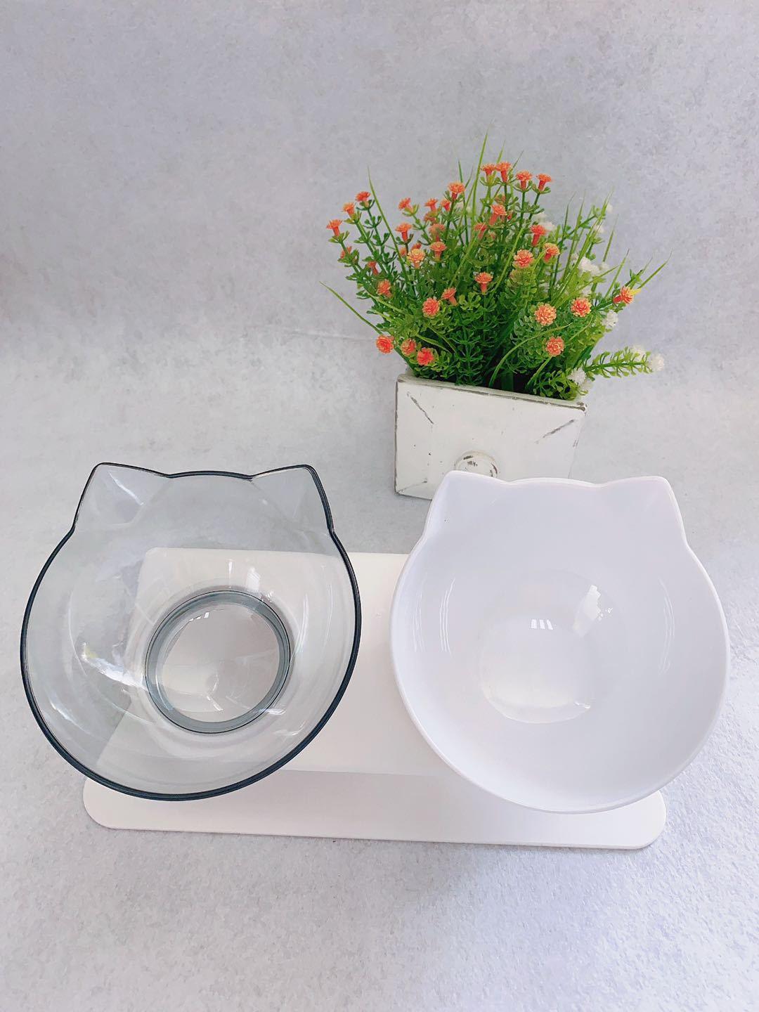 Non Slip Double Cat Bowl With Raised Stand Pet Food Cat Feeder Protect Cervical Vertebra Dog Bowl Transparent Pet Products - Nioor