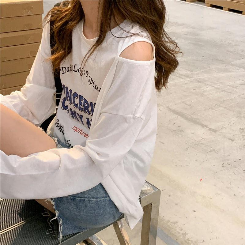 Off-the-shoulder Design New Autumn Long Sleeve T-shirt - Nioor