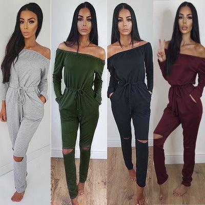 One Line Collar Oblique Shoulder Jumpsuit Feminine Sense Of Ripped Leggings - Nioor