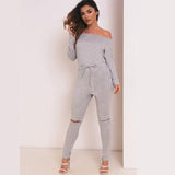 One Line Collar Oblique Shoulder Jumpsuit Feminine Sense Of Ripped Leggings - Nioor