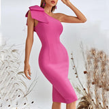 One-shoulder Bow Mid-length Formal Dress Bandage One-piece Dress - Nioor