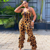 Oversized Women's Jumpsuit With Back V-neck Sexy Leopard Print Suspenders - Nioor