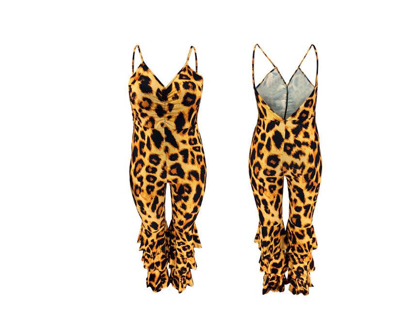 Oversized Women's Jumpsuit With Back V-neck Sexy Leopard Print Suspenders - Nioor