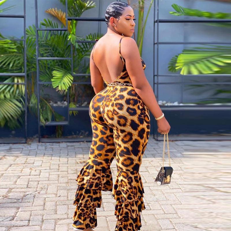 Oversized Women's Jumpsuit With Back V-neck Sexy Leopard Print Suspenders - Nioor