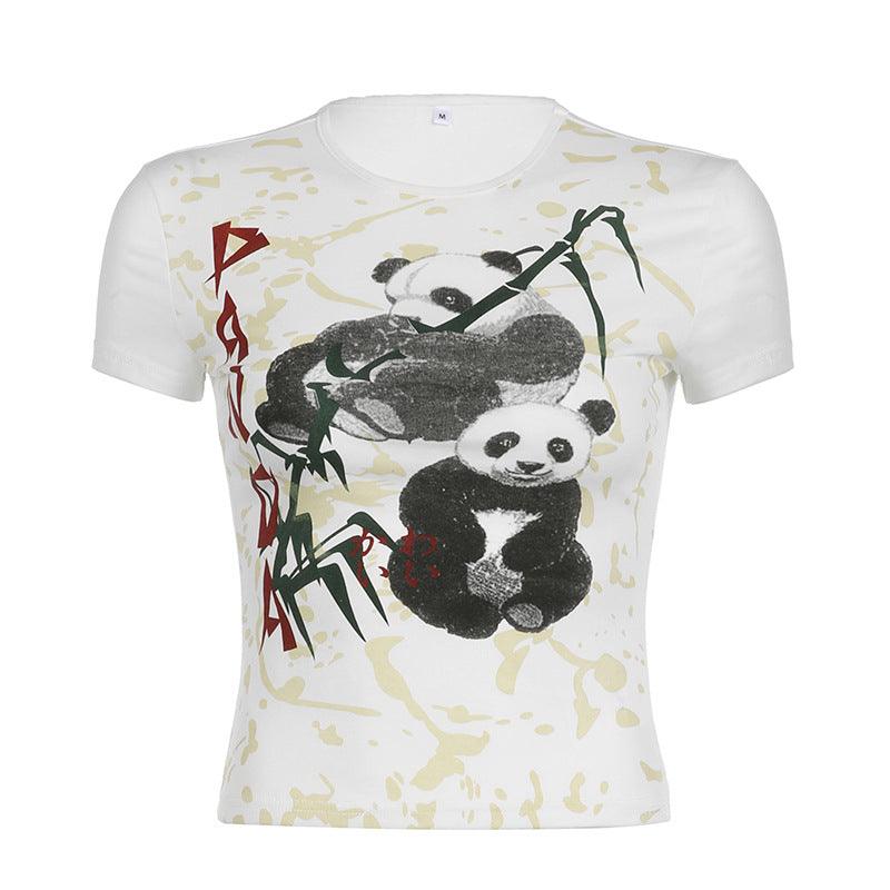 Panda Printing Round Neck Contrast Color Slim Fit Casual Shirt - Nioor