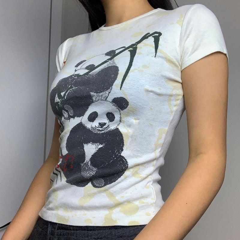 Panda Printing Round Neck Contrast Color Slim Fit Casual Shirt - Nioor