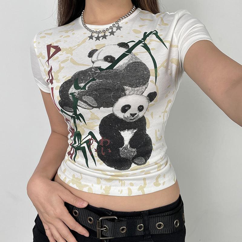 Panda Printing Round Neck Contrast Color Slim Fit Casual Shirt - Nioor