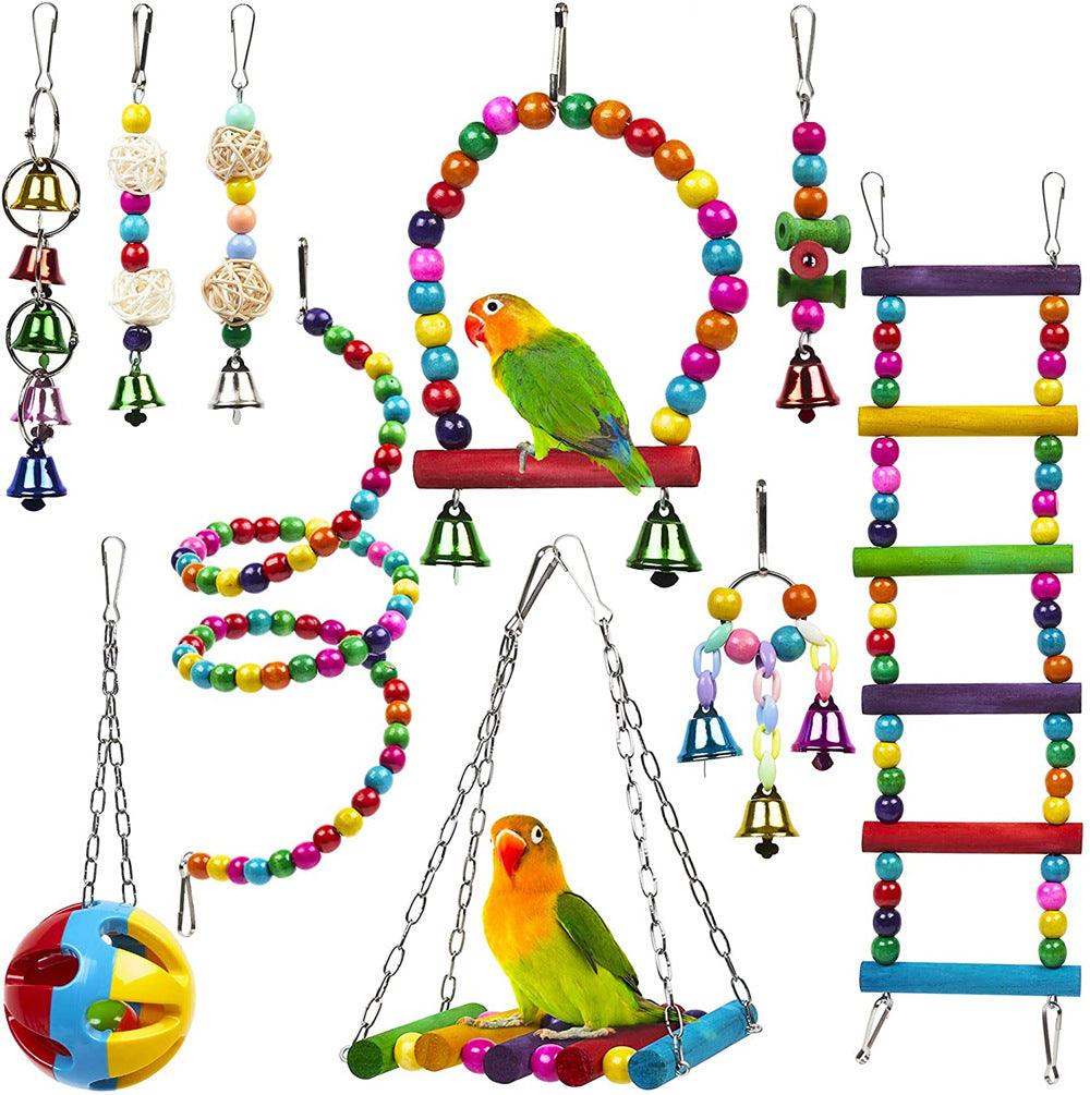 Parrot Combination Toy 10-Piece Set Wooden Bead Rotating Ladder Swing Stand Wooden Ladder Sepak Takraw Chewing Toy - Nioor