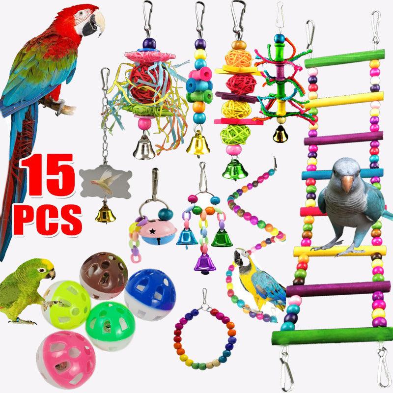 Parrot Combination Toy 10-Piece Set Wooden Bead Rotating Ladder Swing Stand Wooden Ladder Sepak Takraw Chewing Toy - Nioor