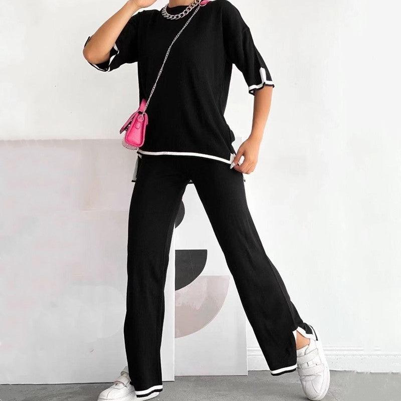 Patchwork Loose Sweater With Short Sleeves Top Split Trousers Knitting Suit - Nioor