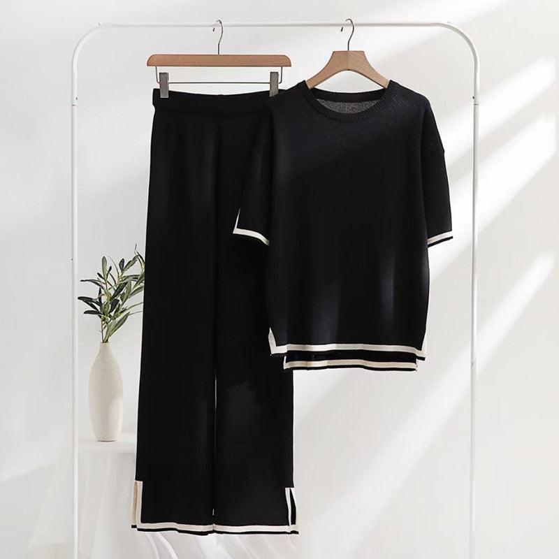 Patchwork Loose Sweater With Short Sleeves Top Split Trousers Knitting Suit - Nioor