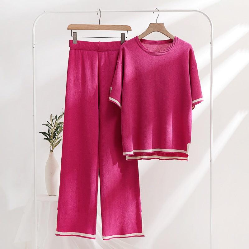 Patchwork Loose Sweater With Short Sleeves Top Split Trousers Knitting Suit - Nioor