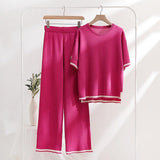 Patchwork Loose Sweater With Short Sleeves Top Split Trousers Knitting Suit - Nioor