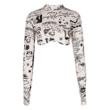 Pattern Printing Half Stand Up Collar Long Sleeve T Shirt - Nioor