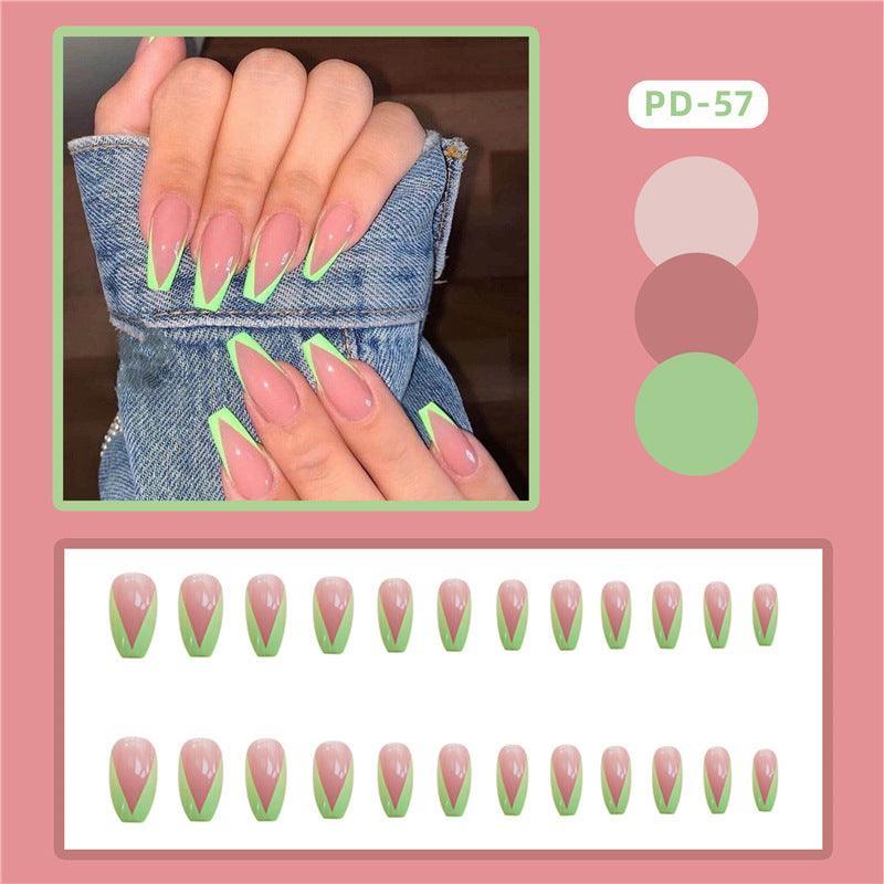 PD-57 Ballet Green French Net Red Fake Nail Sticker Nail Nail Patch Can Be Taken Off And Worn By Women - Nioor