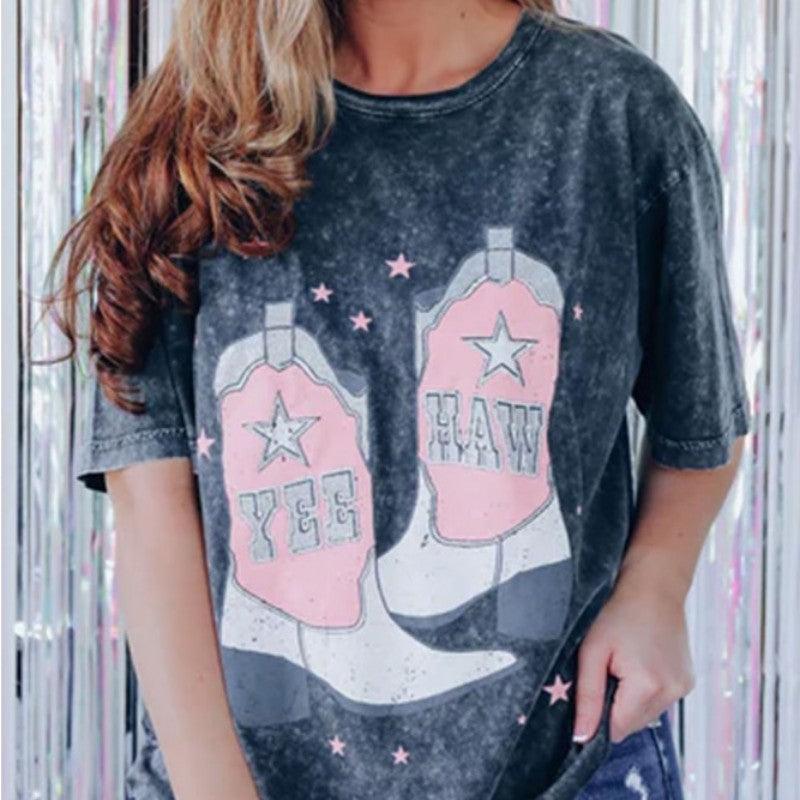 Personality Solid Color Printing Retro Pullover Round Neck Mid-length Short Sleeve Women - Nioor