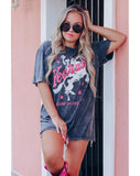 Personality Solid Color Printing Retro Pullover Round Neck Mid-length Short Sleeve Women - Nioor