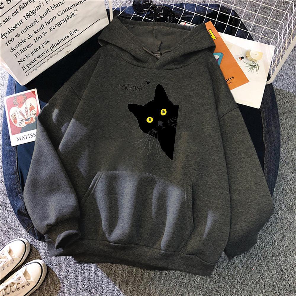 Personalized Black Cat Hooded Sweater Fleece Padded Coat Plus Size - Nioor