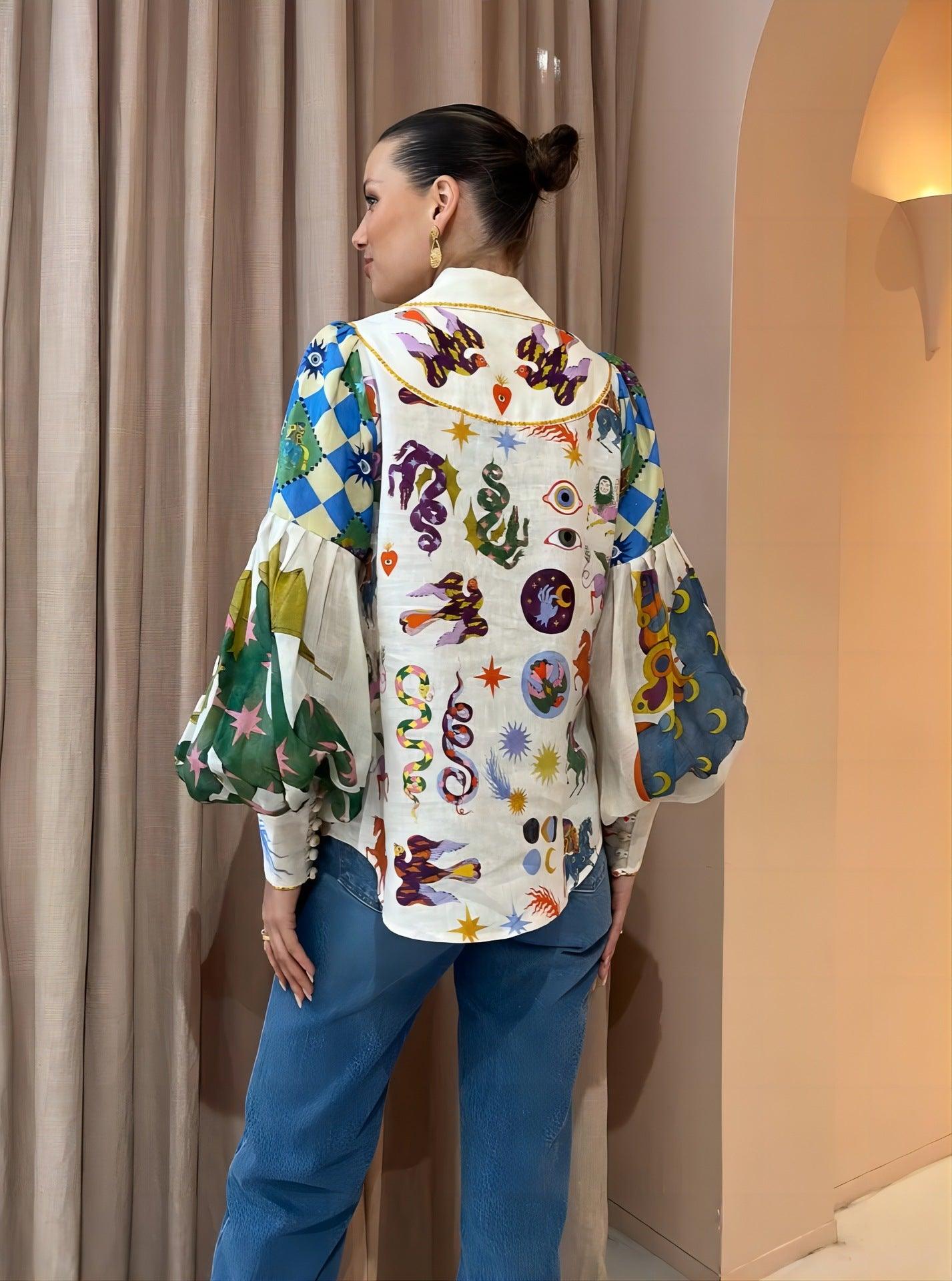 Personalized Graffiti Printing Lapel Lantern Sleeve Cardigan Shirt - Nioor