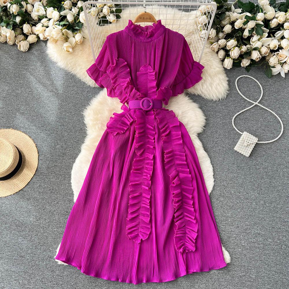 Pleated Ruffled Short Sleeves Dress Seaside Holiday Waist-slimming Long Dress - Nioor