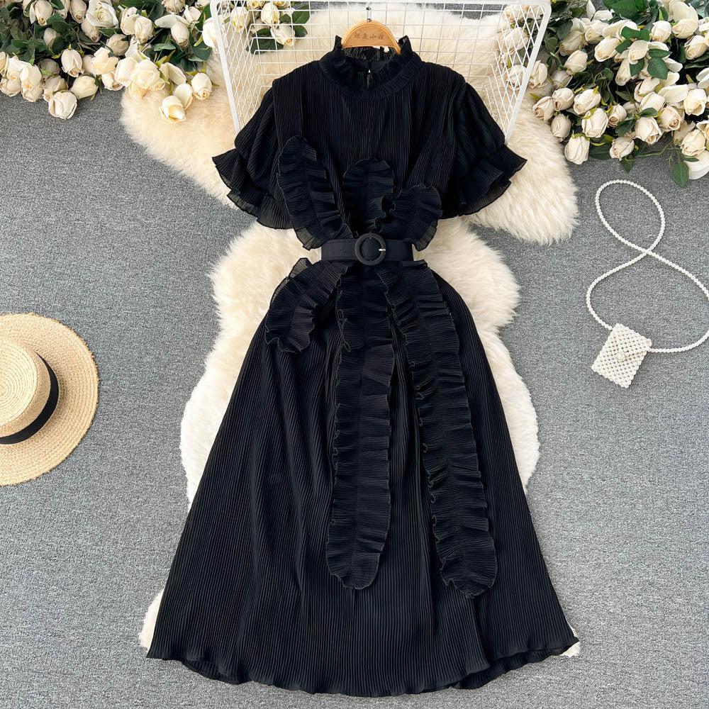 Pleated Ruffled Short Sleeves Dress Seaside Holiday Waist-slimming Long Dress - Nioor