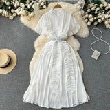 Pleated Ruffled Short Sleeves Dress Seaside Holiday Waist-slimming Long Dress - Nioor