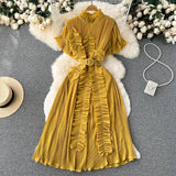 Pleated Ruffled Short Sleeves Dress Seaside Holiday Waist-slimming Long Dress - Nioor