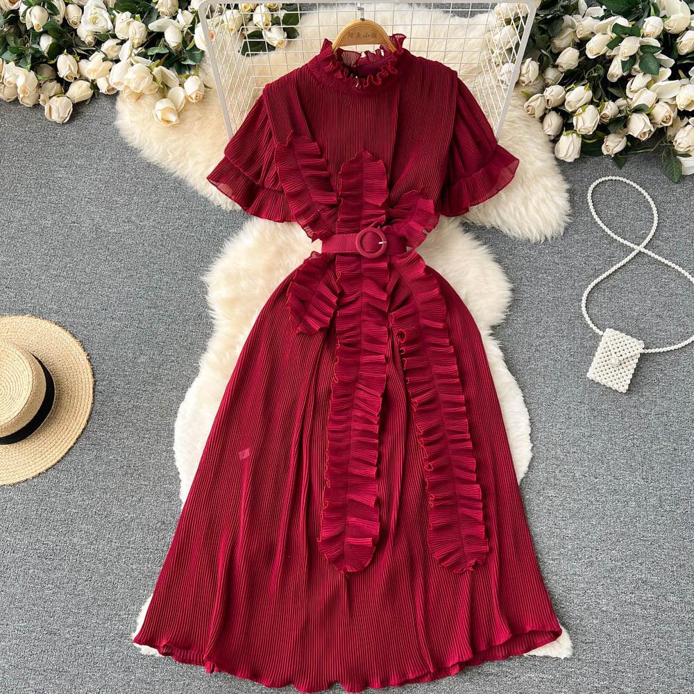 Pleated Ruffled Short Sleeves Dress Seaside Holiday Waist-slimming Long Dress - Nioor