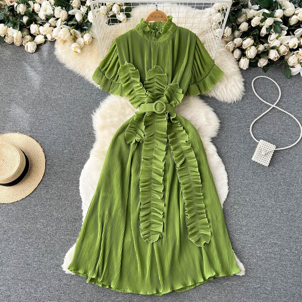 Pleated Ruffled Short Sleeves Dress Seaside Holiday Waist-slimming Long Dress - Nioor