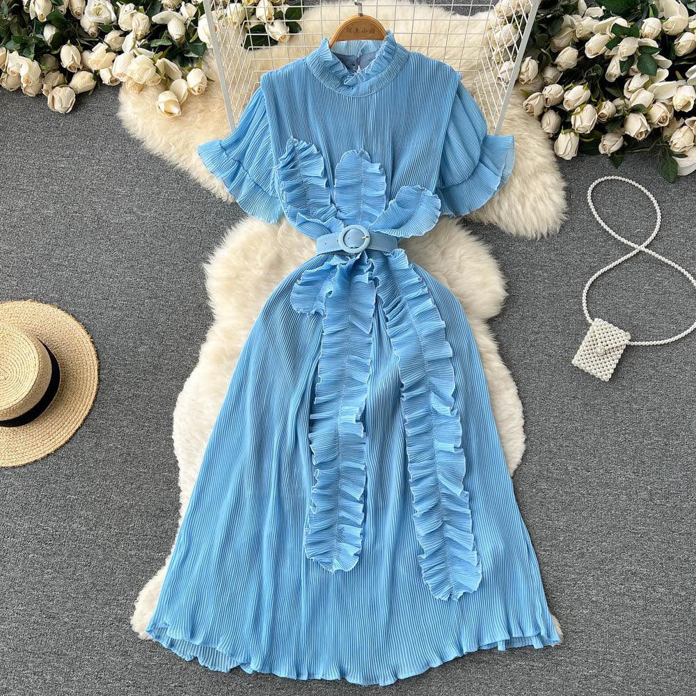 Pleated Ruffled Short Sleeves Dress Seaside Holiday Waist-slimming Long Dress - Nioor