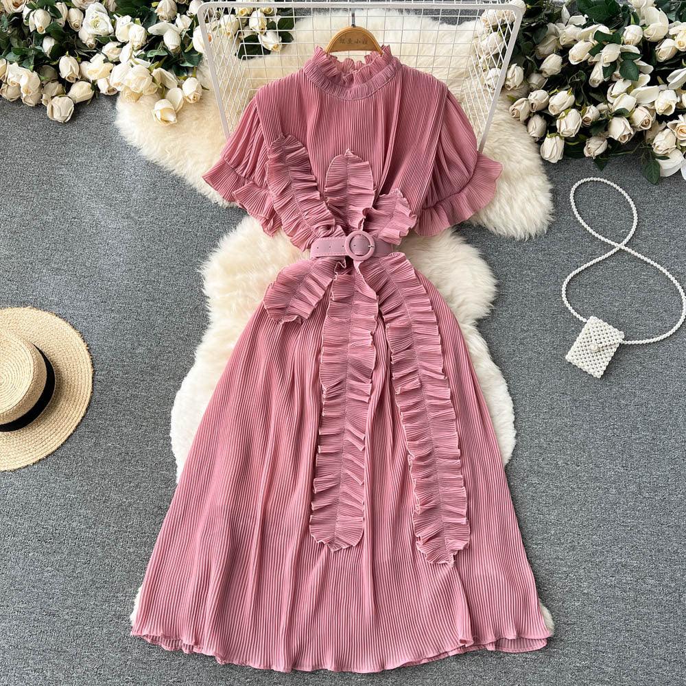 Pleated Ruffled Short Sleeves Dress Seaside Holiday Waist-slimming Long Dress - Nioor