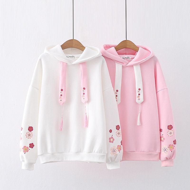 Plum Blossom Printed Hooded Sweatshirt Girl - Nioor