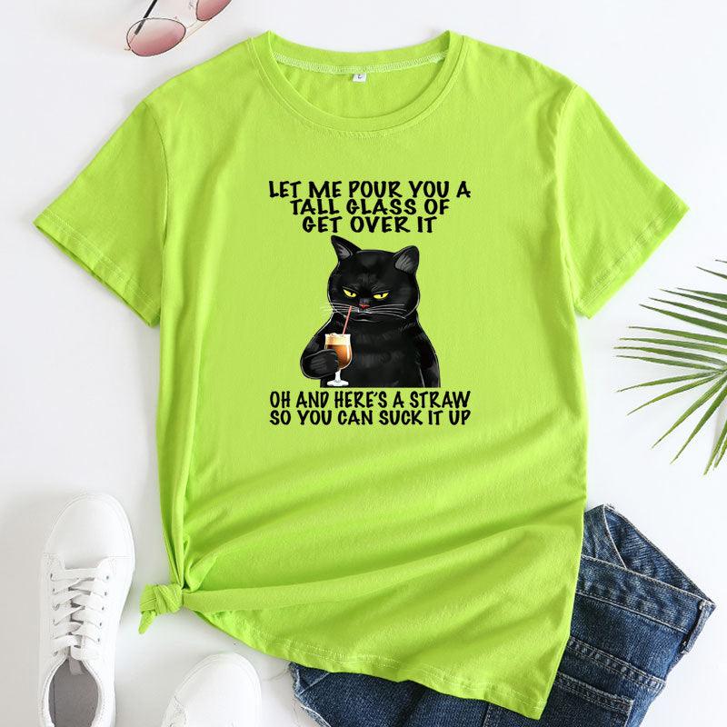 Plus Size Cat Printing Cotton Round Neck Short Sleeve - Nioor