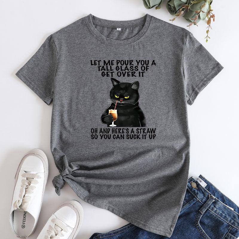 Plus Size Cat Printing Cotton Round Neck Short Sleeve - Nioor