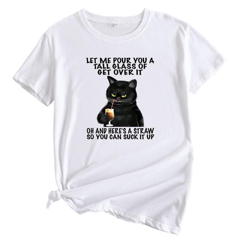 Plus Size Cat Printing Cotton Round Neck Short Sleeve - Nioor