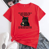 Plus Size Cat Printing Cotton Round Neck Short Sleeve - Nioor