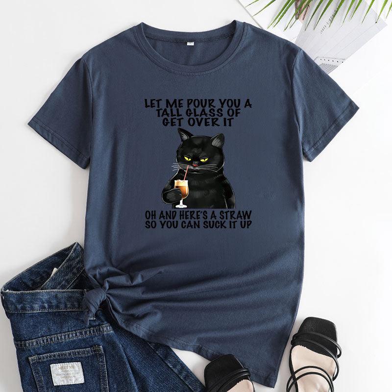 Plus Size Cat Printing Cotton Round Neck Short Sleeve - Nioor