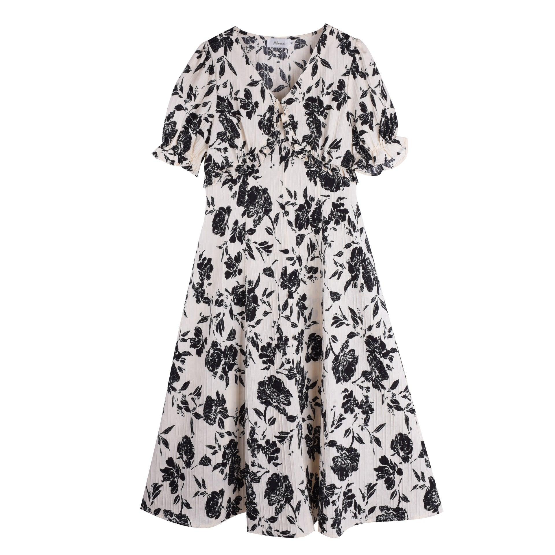 Plus Size Floral Print Short Sleeve V-neck Printed Waist-controlled Dress - Nioor