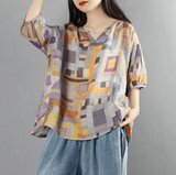 Plus Size Loose Artistic Short-sleeved Blouse Trendy V-neck Irregular Pattern Print Casual Thin T-shirt - Nioor