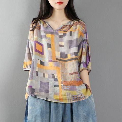 Plus Size Loose Artistic Short-sleeved Blouse Trendy V-neck Irregular Pattern Print Casual Thin T-shirt - Nioor