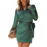 Polka Dot Print Long Sleeve Lace-up Dress - Nioor