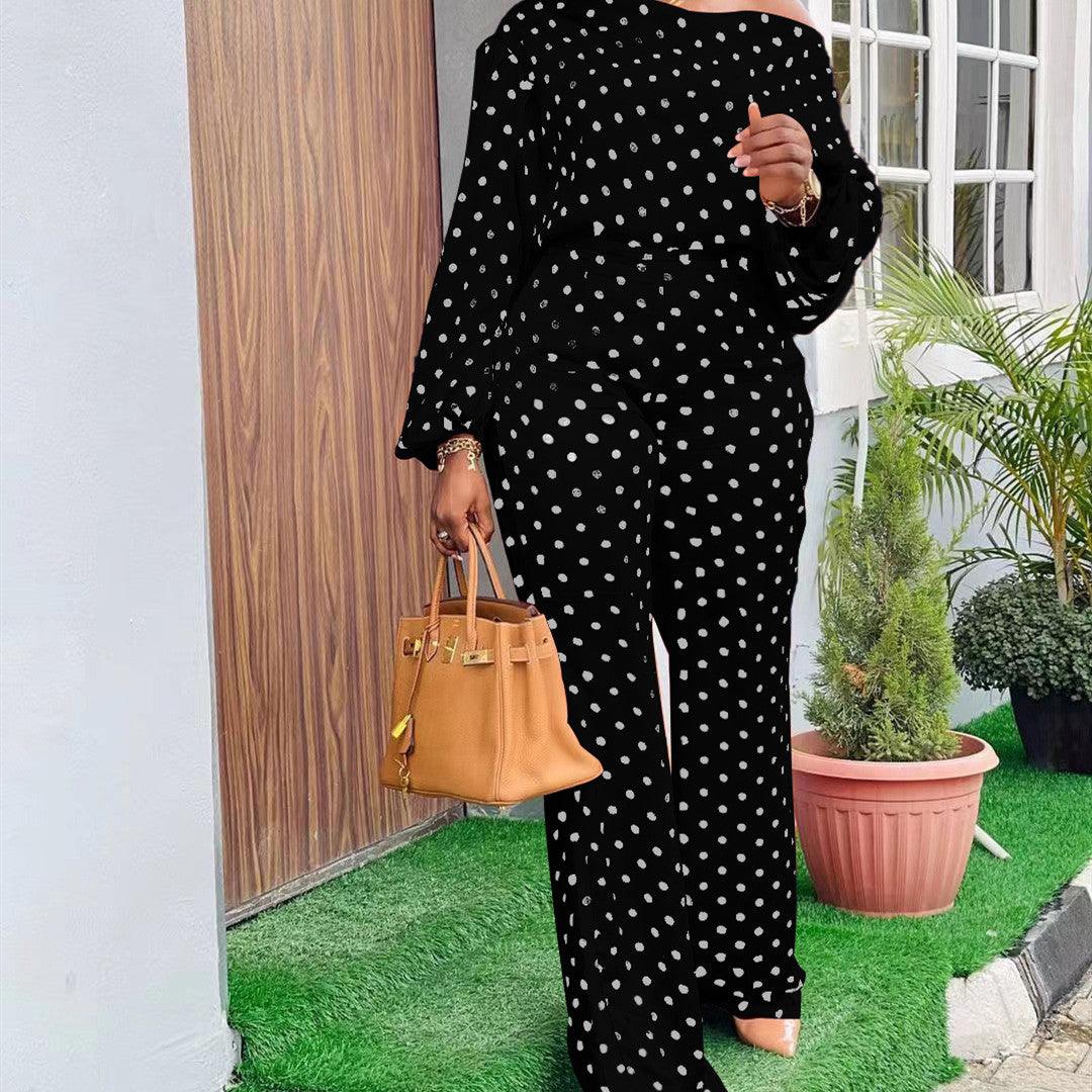 Polka Dot Printed Long-sleeved Trousers Casual Fashion Loose Shoulder Suit - Nioor