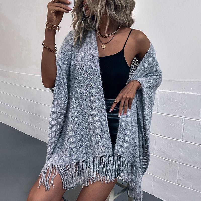 Polyester Yarn Crocheted Hollow Knitted Tassel Cape And Shawl Sweater Women's Cardigan - Nioor