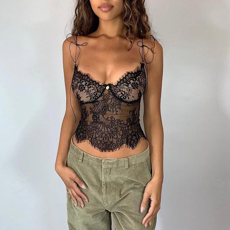 Popular Lace Small Sling Summer Low-cut See-through V-neck Vest - Nioor