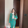 Elegant Green Tweed Coat Irregular Sheath Skirt Suit