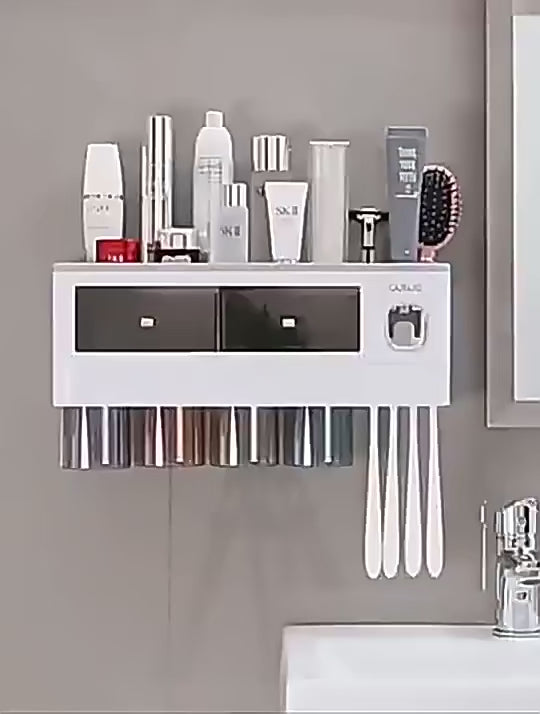 Non-marking Hanging Magnetic Toothbrush Holder Single Drawer Storage Rack With Toothpaste Squeezer Toiletry Set