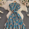 Gentle Stand-up Collar Cinched Slimming Printed A- Line Large Hem Dress