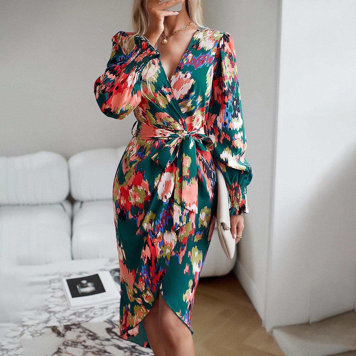 Printed Dress 2023 Autumn Winter Elegant V-neck Dress - Nioor