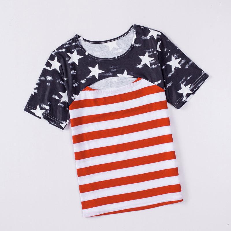 Printed Hollow Striped T-shirt Women's Simple All-match Round Neck Contrast Color Top - Nioor