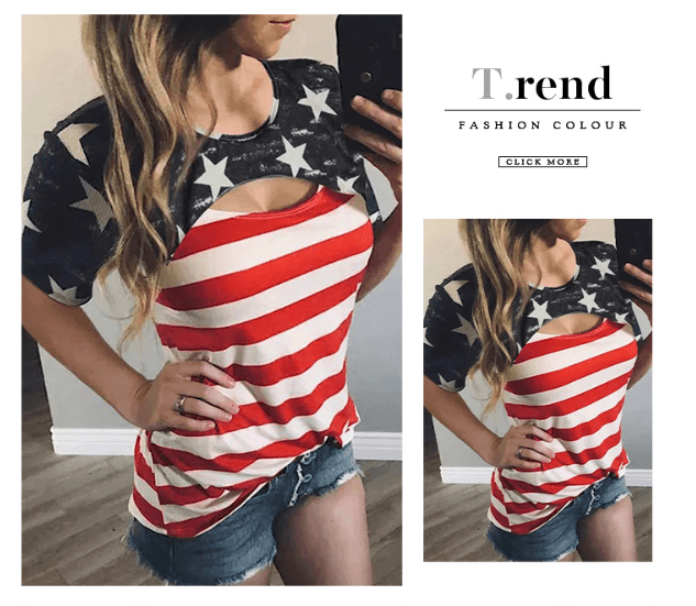 Printed Hollow Striped T-shirt Women's Simple All-match Round Neck Contrast Color Top - Nioor